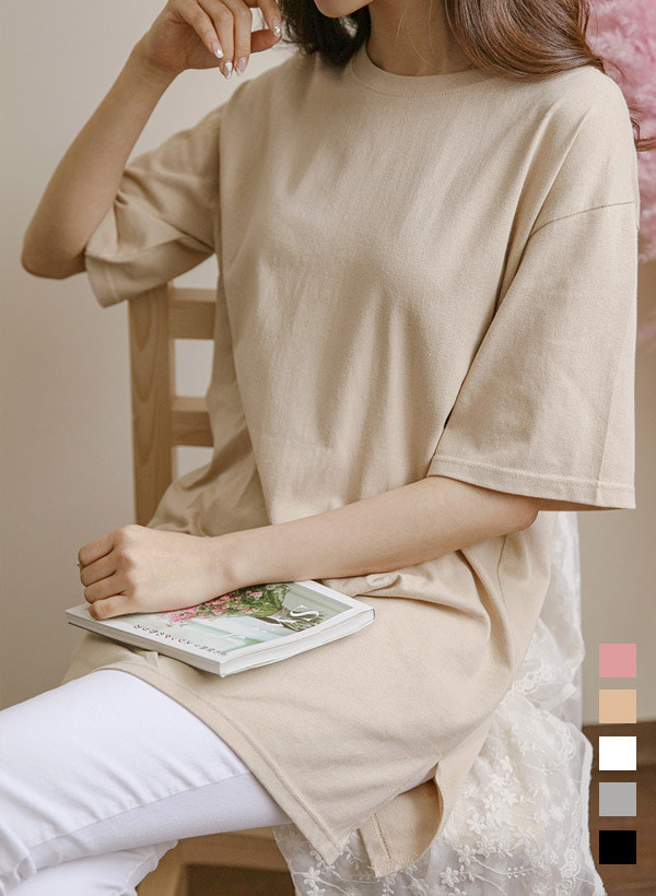 韓國[1+1]寬鬆側開衩長版短袖T恤