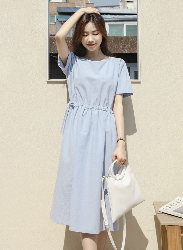 韓國反摺短袖側腰抽繩傘襬洋裝