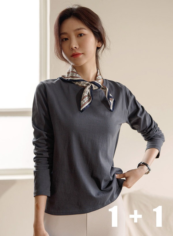 韓國[1+1]20支棉圓領純色長袖T恤
