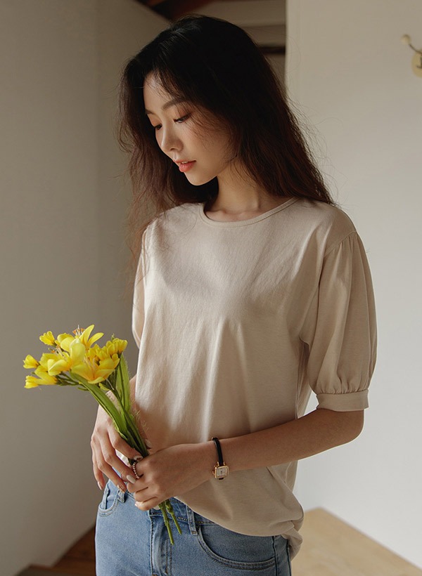 韓國絲光棉圓領泡泡袖T恤