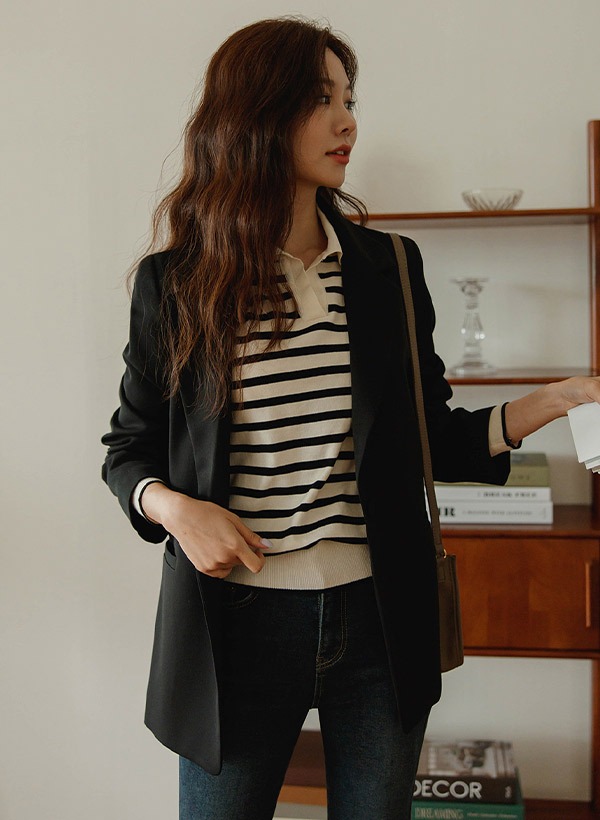 韓國同色單釦薄墊肩西裝外套