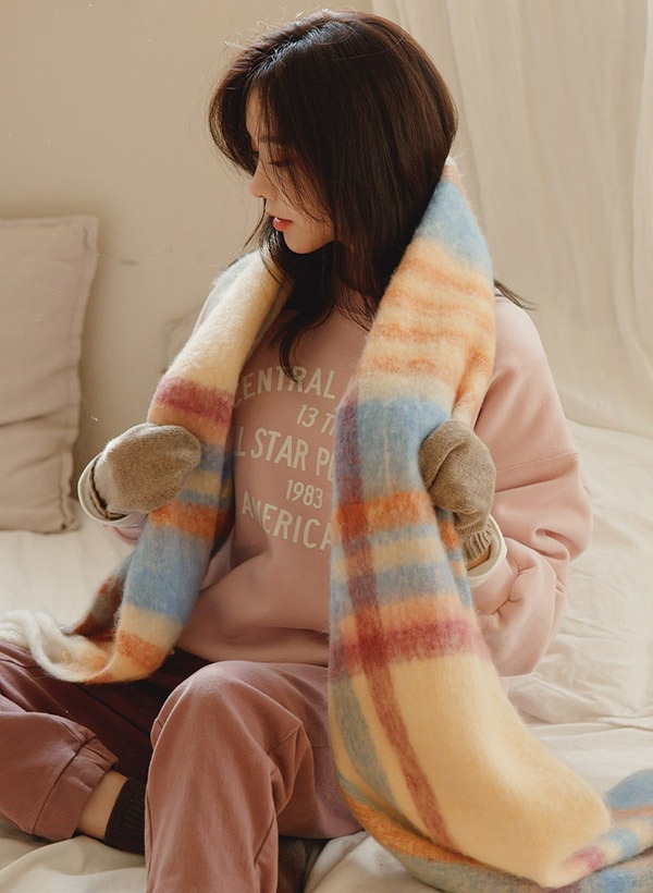 韓國清新大格紋流蘇裝飾圍巾