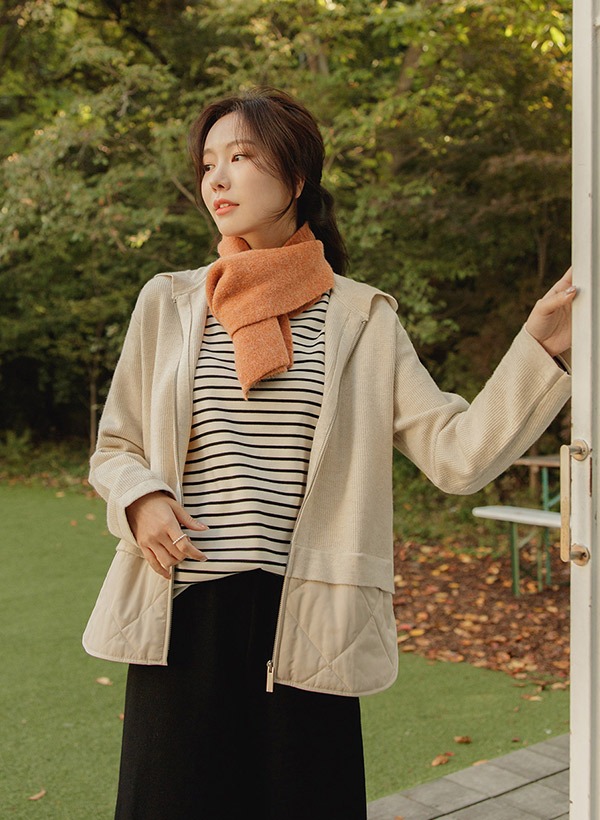 韓國連帽拼接絎縫襬針織外套