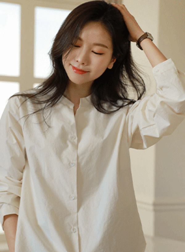 韓國Y開衩水洗無領襯衫