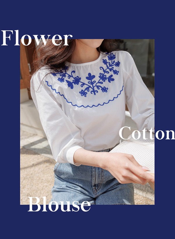 韓國花朵刺繡七分泡泡袖上衣