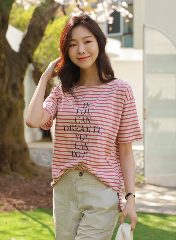 韓國短句燙印開衩襬條紋T恤