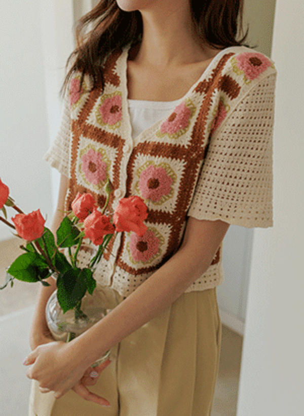 韓國復古文藝花朵圖案針織外套