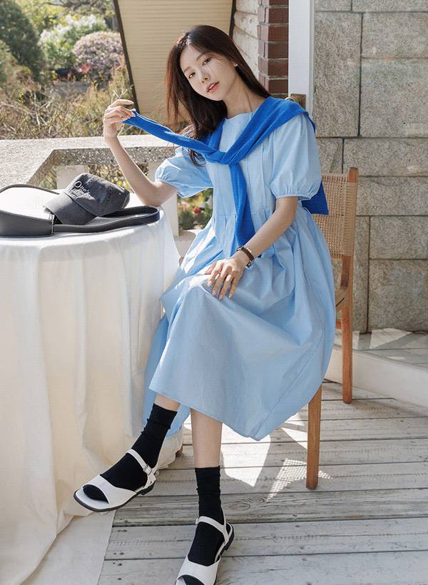 韓國壓褶泡泡袖側口袋洋裝