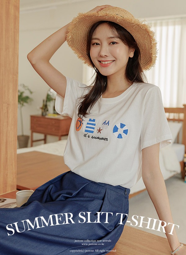 韓國夏季刺繡側開衩短袖T恤