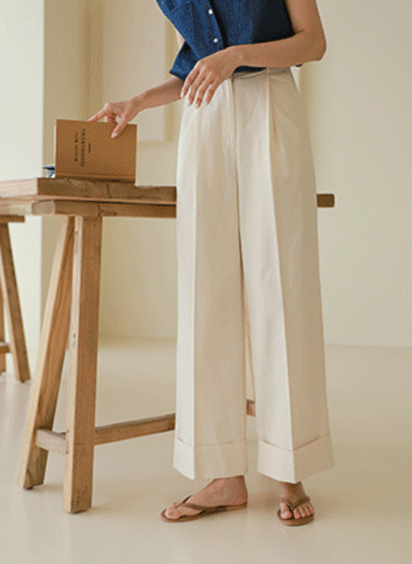 韓國時尚棉製反摺寬鬆褲