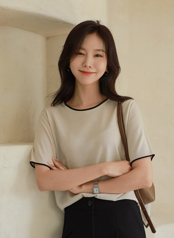 韓國配色線條圓領短袖針織衫