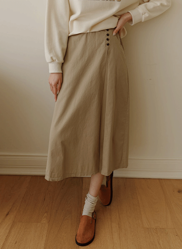 韓國側排釦壓褶棉質長裙