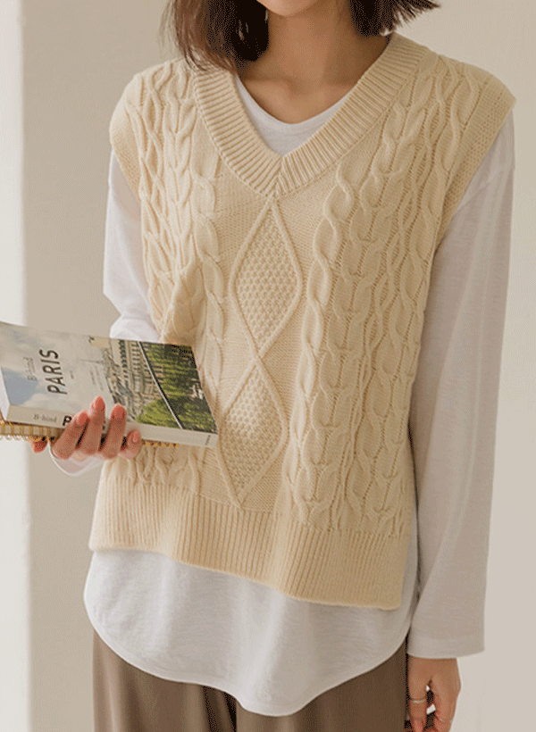 韓國麻花紋寬鬆針織背心