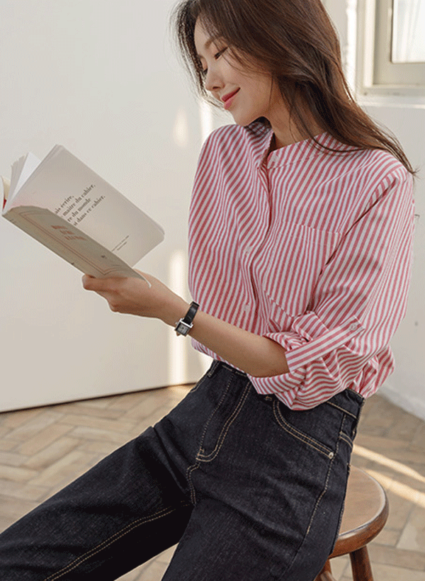 韓國袖身釦帶直條紋襯衫