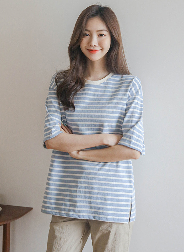 韓國配色圓領橫條紋短袖T恤