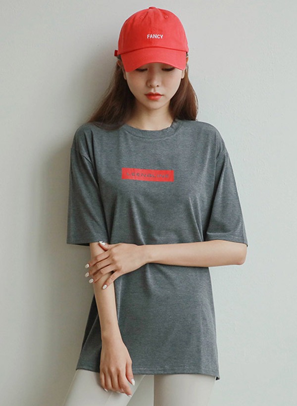 韓國小印字開衩襬寬鬆短袖T恤