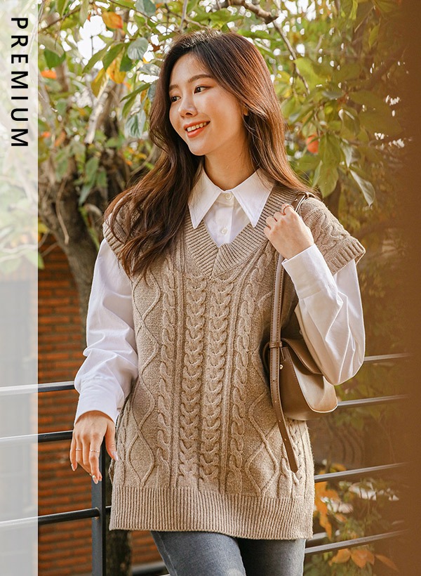 韓國[只在這裡]羊毛混紡麻花紋針織背心
