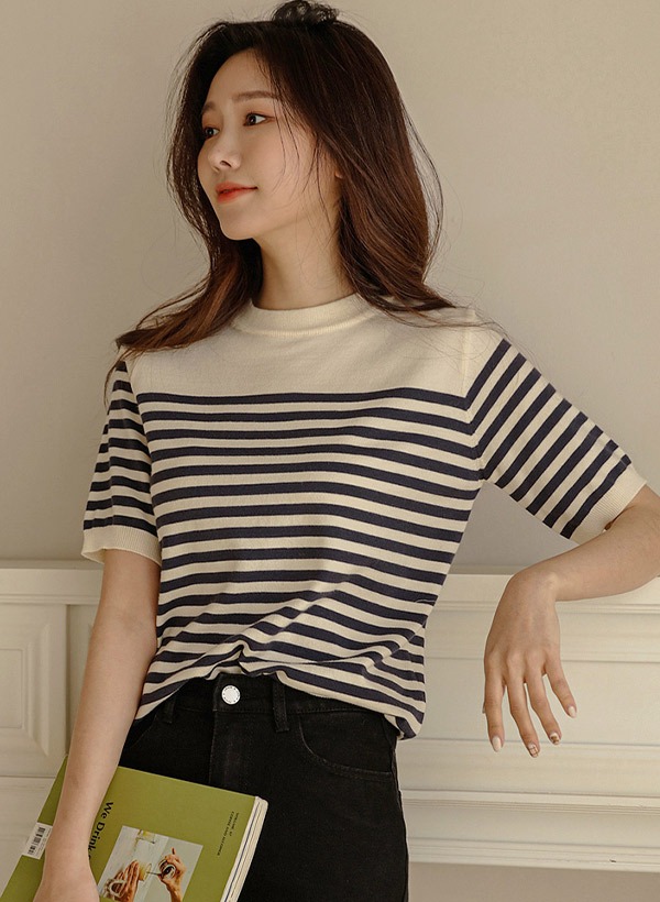 韓國配色條紋圓領短袖針織衫