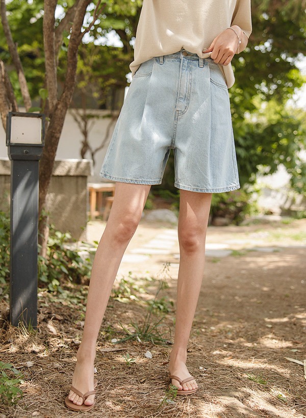 韓國壓褶設計四分寬管牛仔短褲