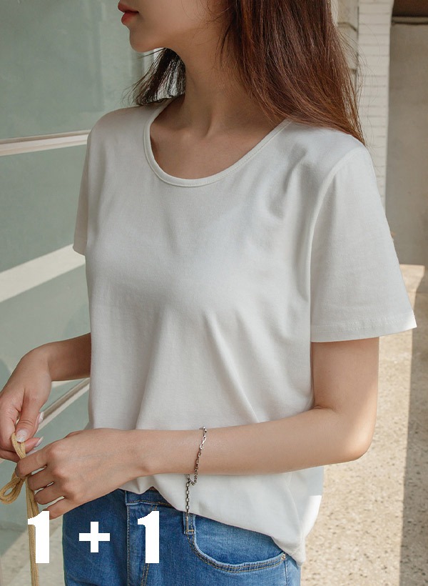 韓國[1+1]莫代爾混紡U領短袖T恤