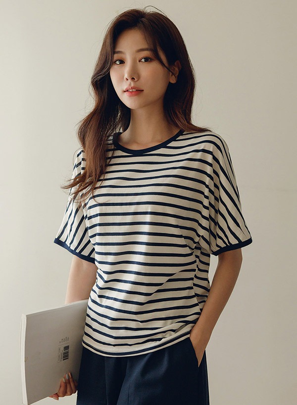韓國配色條紋圓領飛鼠袖T恤