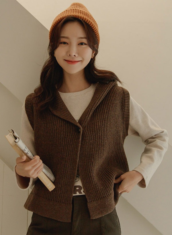 韓國混羊毛連帽單釦針織背心