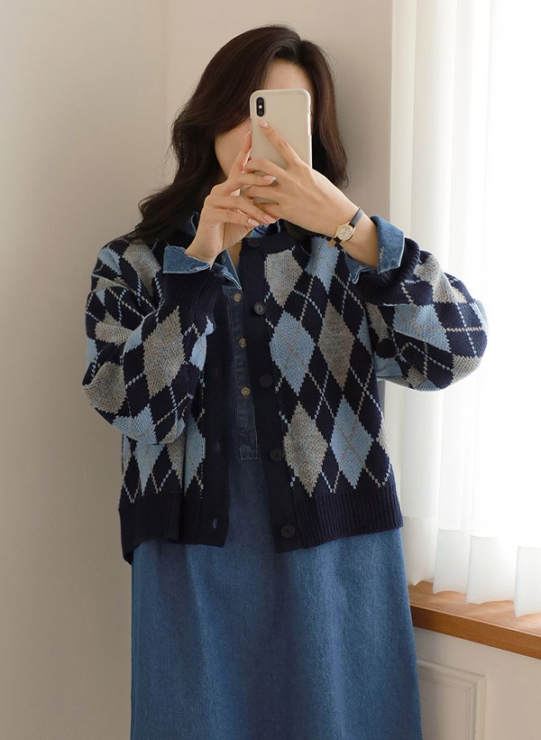 韓國配色菱格紋排釦針織外套