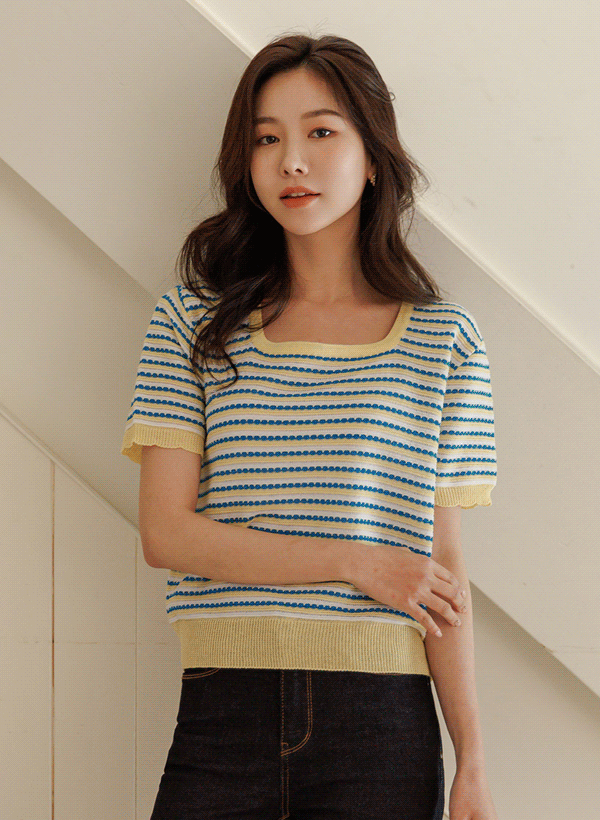 韓國配色條紋方領短袖針織衫