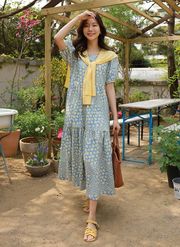 韓國燦爛花朵泡泡袖側口袋洋裝