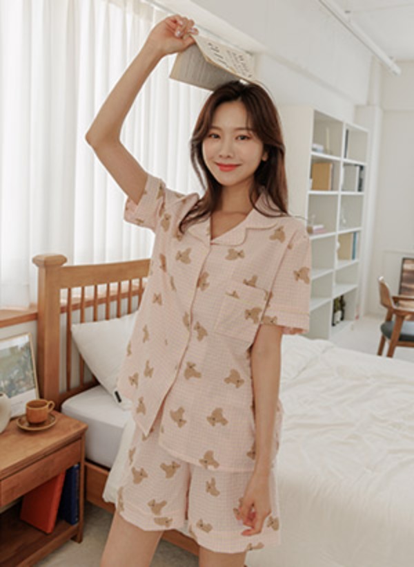 韓國夏季小熊短袖睡衣套裝