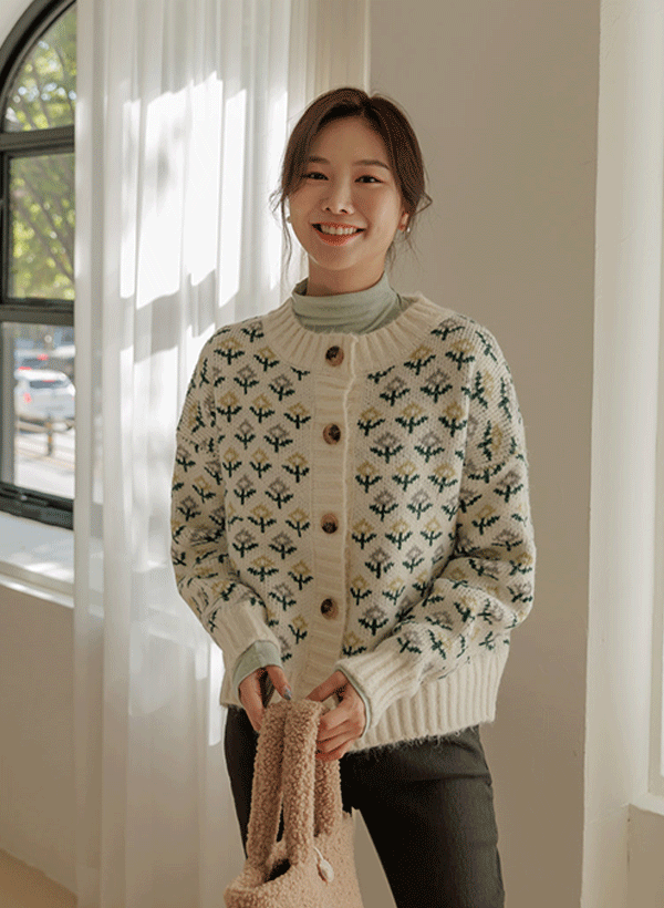韓國花朵圓領針織外套