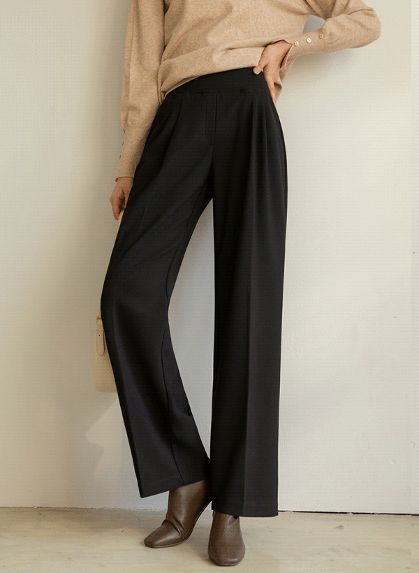 韓國鬆緊腰雙壓褶寬版西裝褲