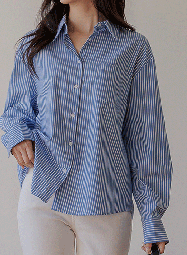 韓國直條紋棉質落肩襯衫