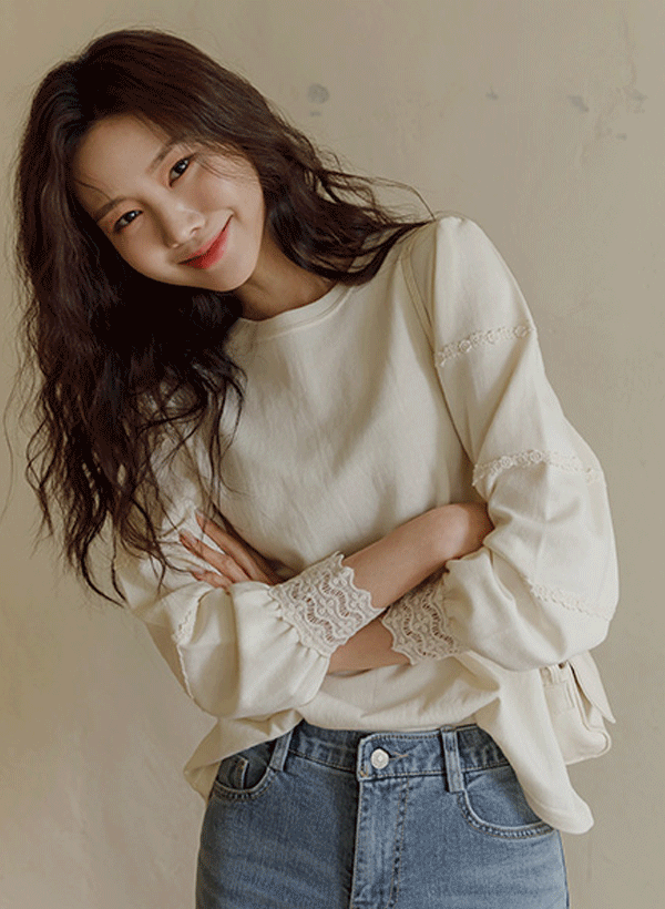 韓國刺繡蕾絲彈力T恤
