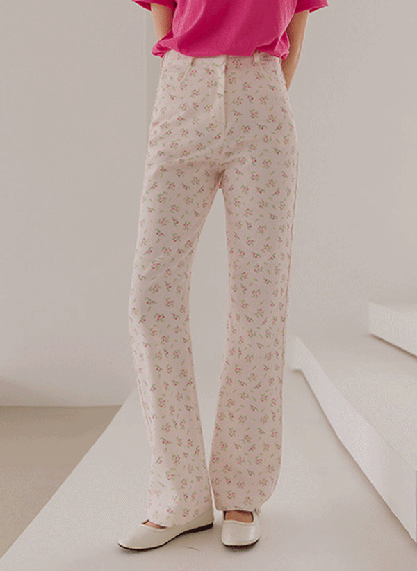 韓國花朵棉質口袋直筒褲