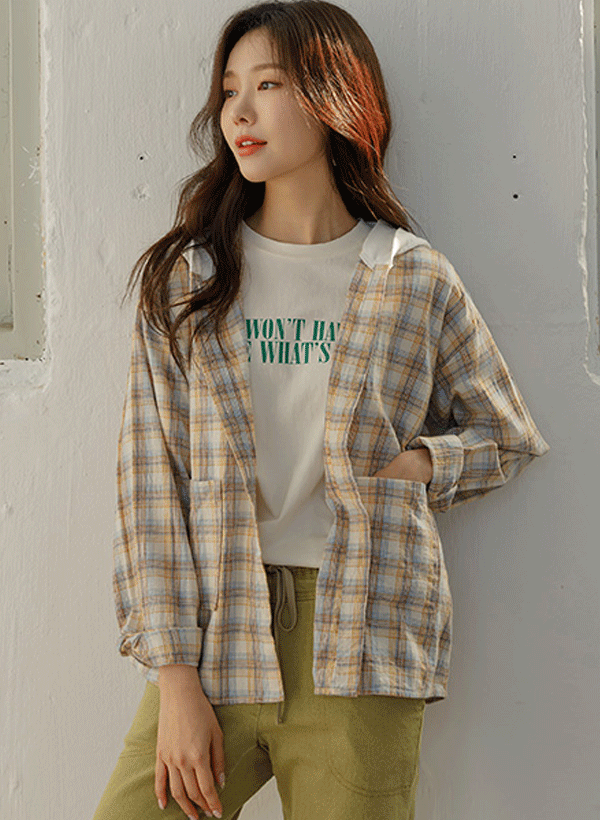 韓國格紋雙口袋連帽襯衫