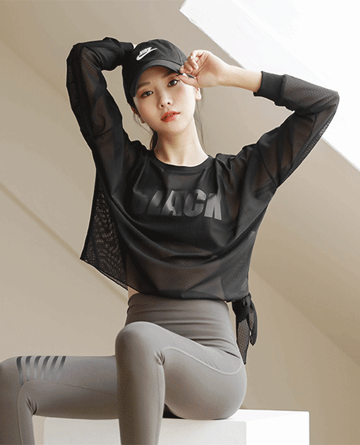 韓國透膚網格綁帶襬長袖T恤