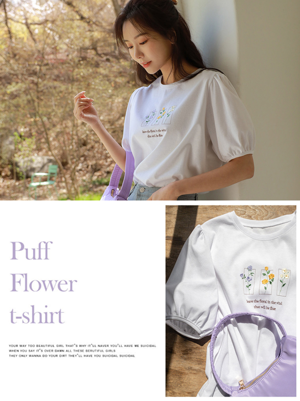 花朵刺繡泡泡短袖t恤